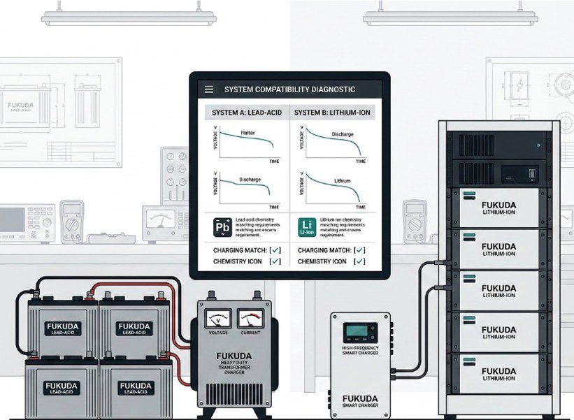 Fukuda battery charger connected to an industrial battery system 